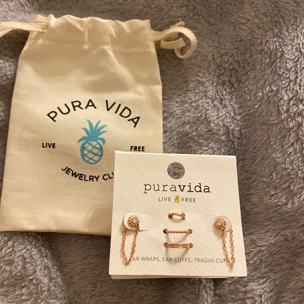 Pura Vida Rose Gold pair of stud earrings with 2 ear cuffs and a tragus cuff.